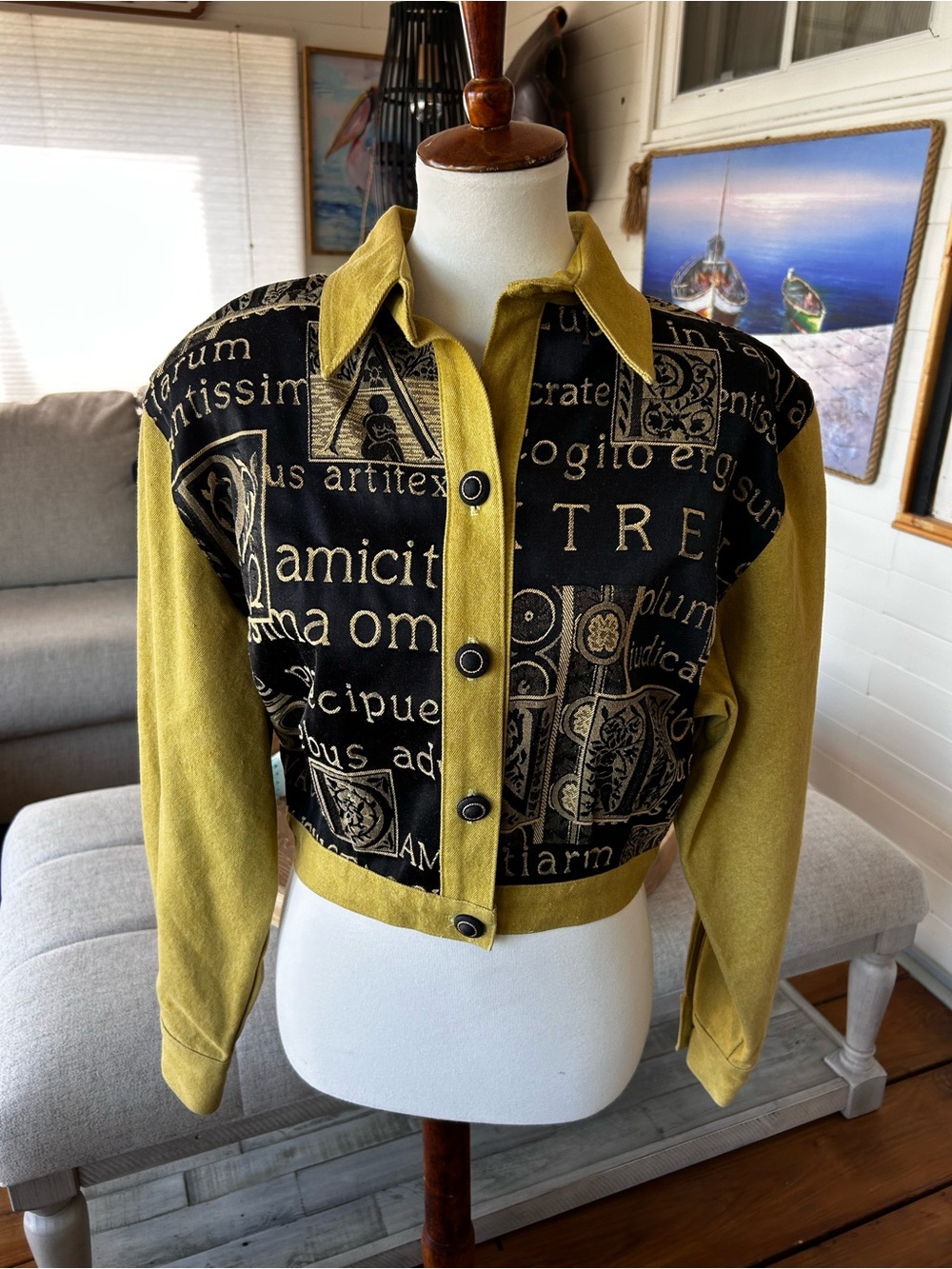 Cache Vintage Cropped Art Print Jacket Size M Olive & Black Statement Jacket
